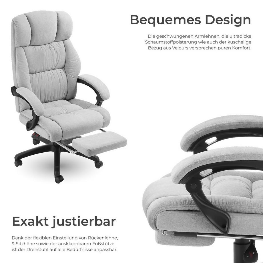 Tectake Bürostuhl Jillien dicke Polsterung mit weichem Velours verstellbare Rückenlehne und ausklappbare Fußstütze  