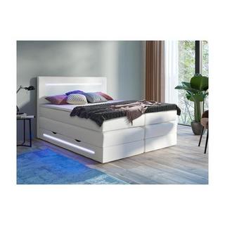 DREAMEA Set Boxspring Testata LED+Base contenitore+Materasso+Topper Similpelle Bianco KEROS di DREAMEA  