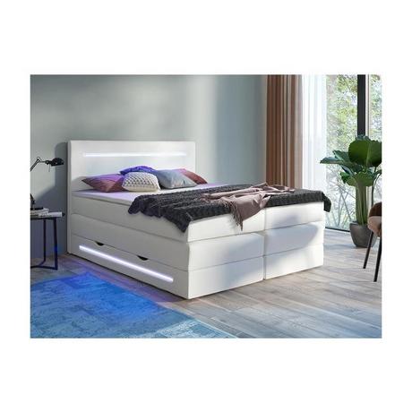 DREAMEA Set Boxspring Testata LED+Base contenitore+Materasso+Topper Similpelle Bianco KEROS di DREAMEA  