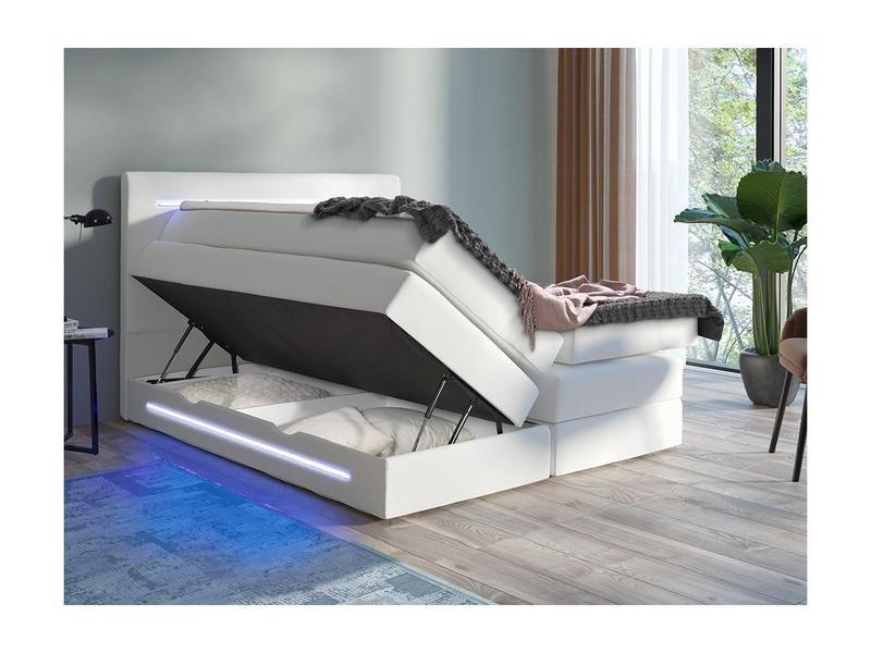 DREAMEA Set Boxspring Testata LED+Base contenitore+Materasso+Topper Similpelle Bianco KEROS di DREAMEA  