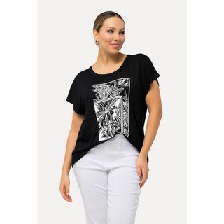 Ulla Popken  T-shirt à imprimé jungle, manches courtes, col rond et rayures 