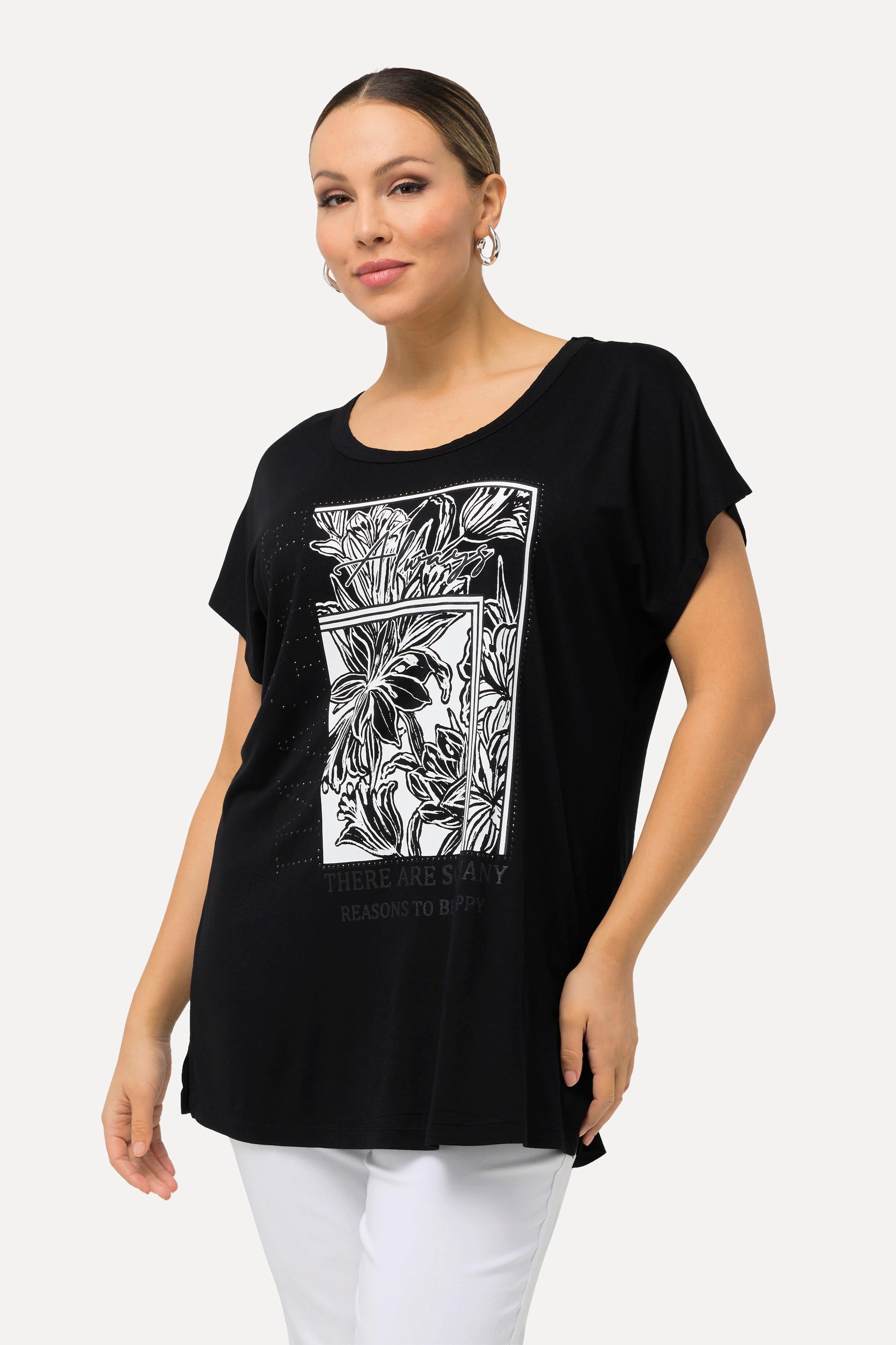 Ulla Popken  T-shirt à imprimé jungle, manches courtes, col rond et rayures 