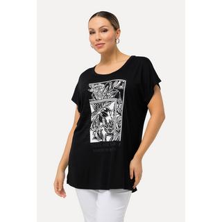 Ulla Popken  T-shirt à imprimé jungle, manches courtes, col rond et rayures 