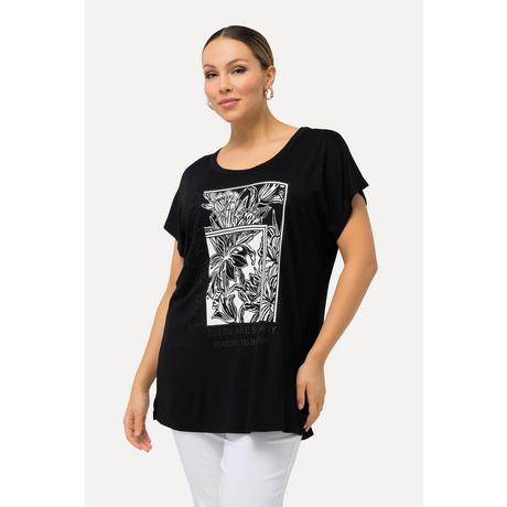 Ulla Popken  T-shirt à imprimé jungle, manches courtes, col rond et rayures 