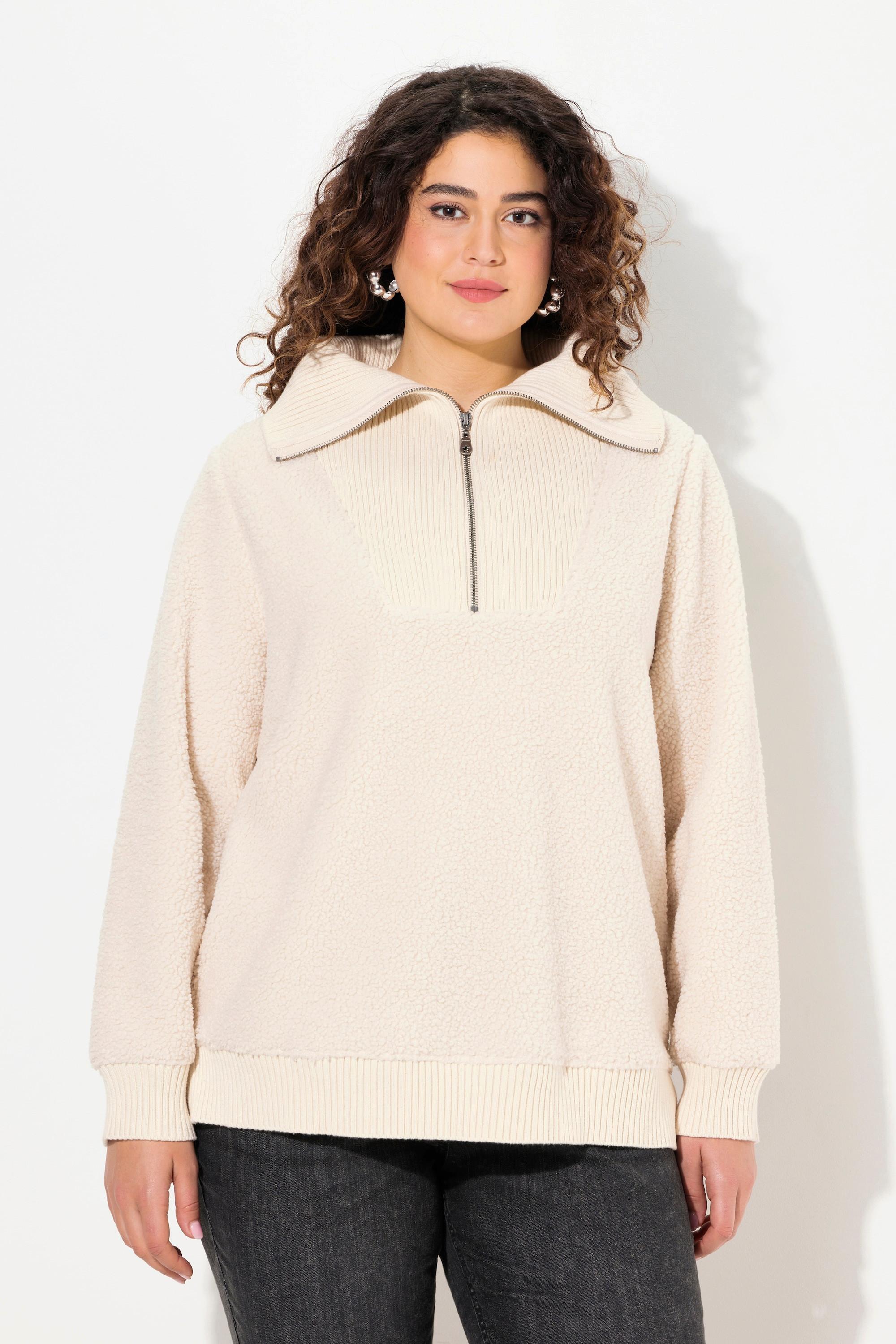 Ulla Popken  Pullover polo in pile teddy con collo alto, zip e maniche lunghe 