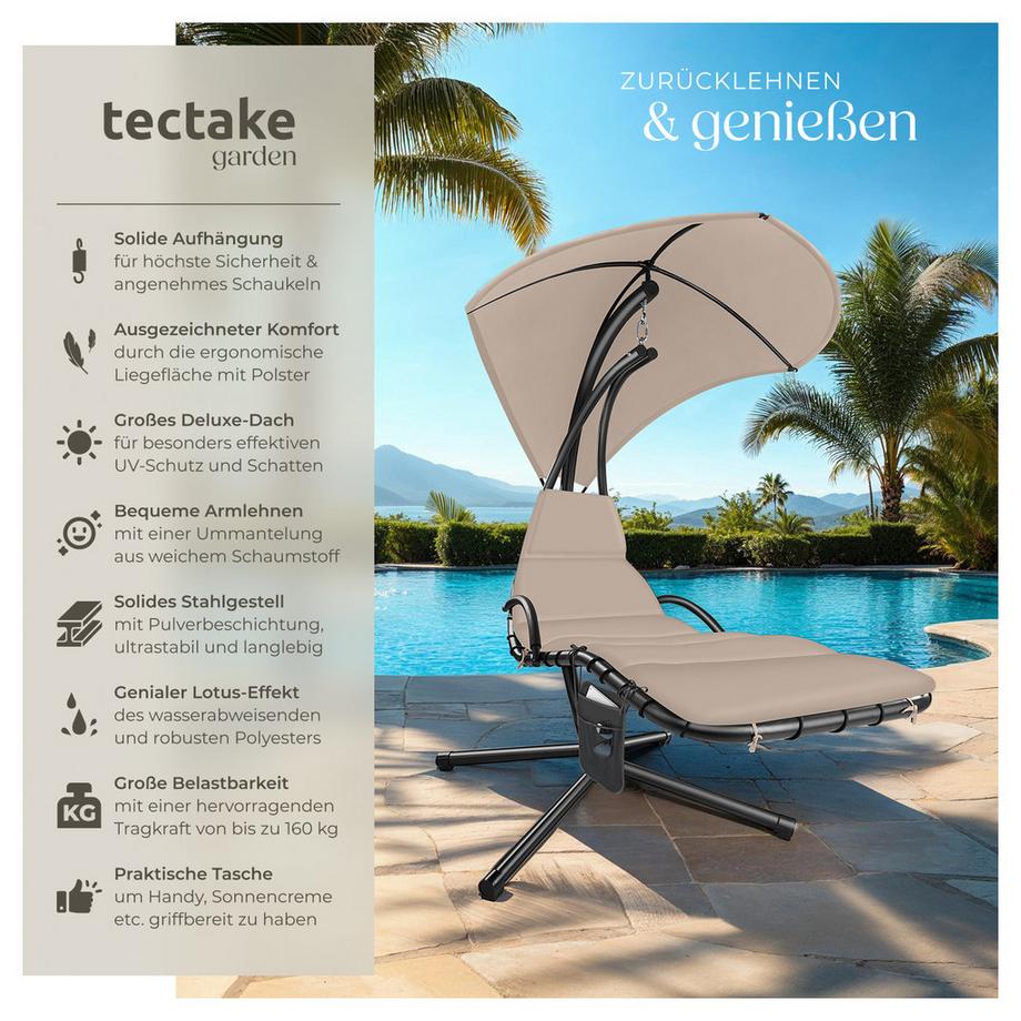 Tectake Hängeliege Elaria großes Sonnendach mit UV-Schutz stabil und strapazierfähig  