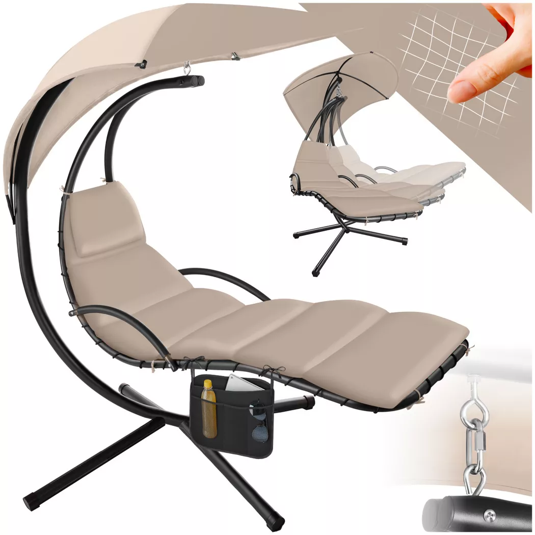 tectake® Hängeliege mit Gestell, großes Sonnendach mit UV-Schutz, ergonomisch, 195 x 132 x 197 cm, mit Seitentasche