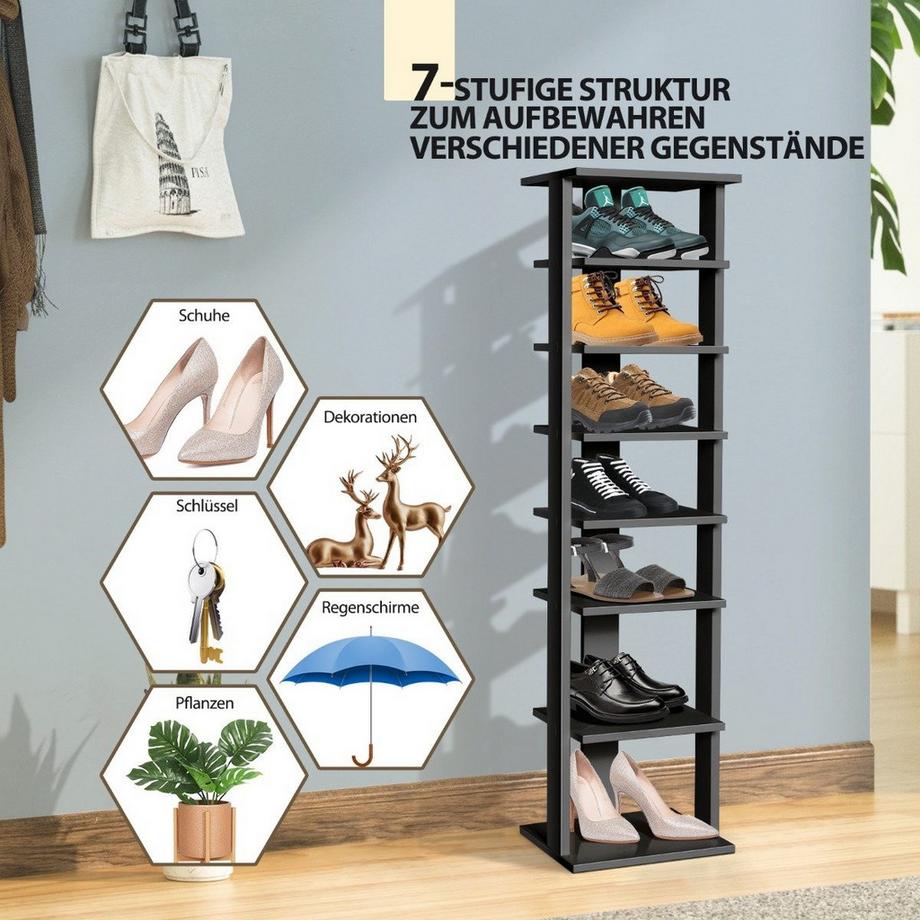 Northix Étagère à chaussures en bois à 8 niveaux, organisateur de chaussures vertical 27,5x26,5x110cm noir  