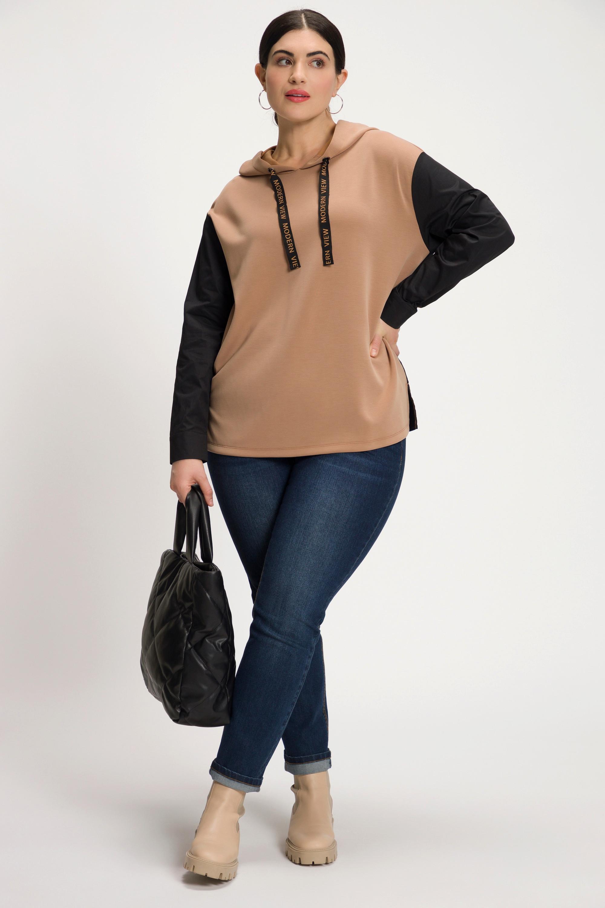 Ulla Popken  Maglia dal taglio oversize con cappuccio, laccetto con scritta e maniche lunghe 