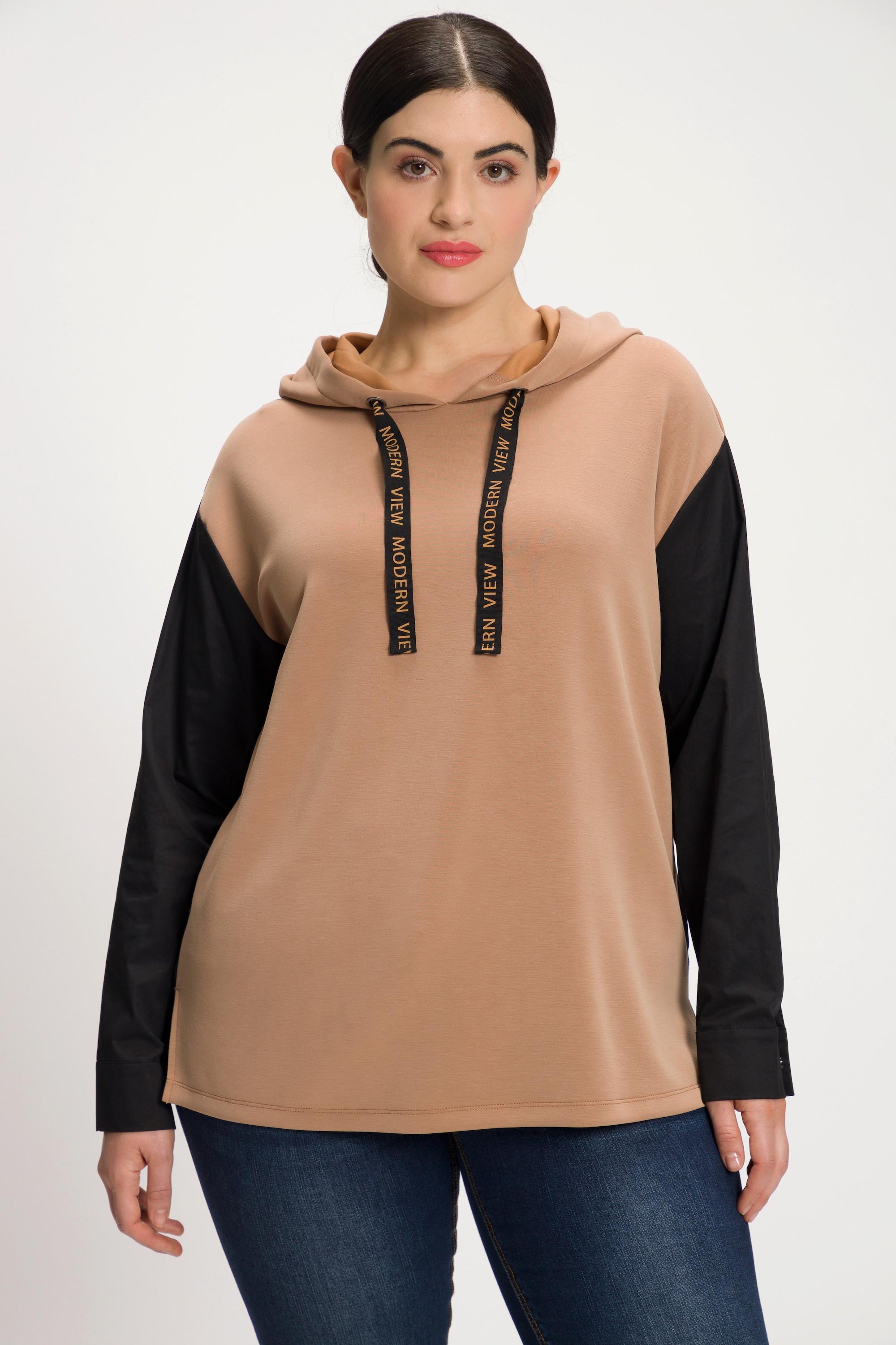 Ulla Popken  Maglia dal taglio oversize con cappuccio, laccetto con scritta e maniche lunghe 