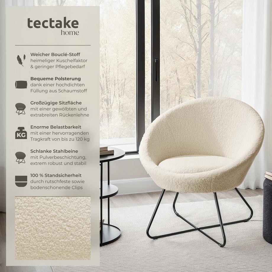 Tectake Poltrona cocktail Centera Imbottita, con rivestimento in bouclé o velluto  