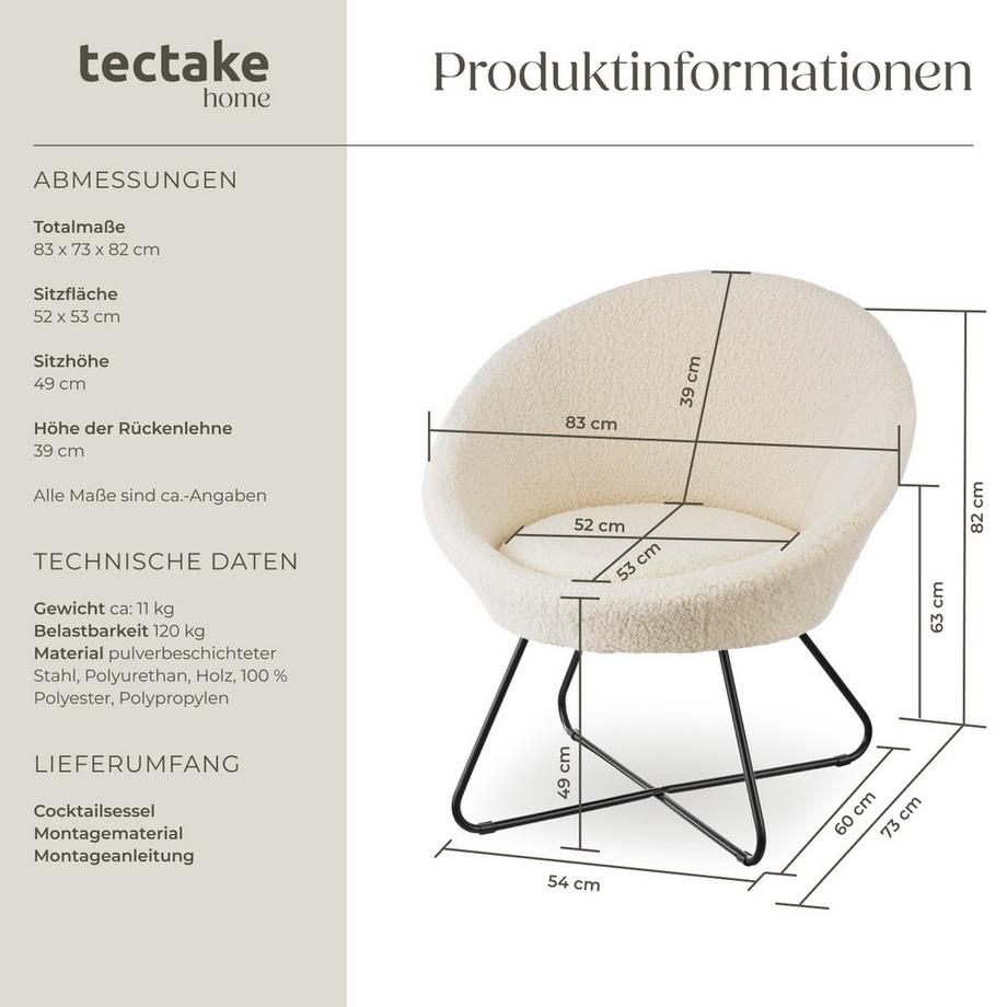 Tectake Poltrona cocktail Centera Imbottita, con rivestimento in bouclé o velluto  