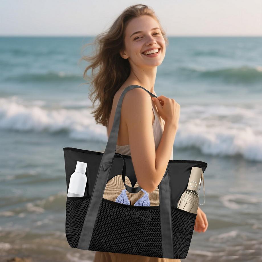 Only-bags.store Wasserdichte Strandtasche mit Netz Taschen und Reissverschluss  