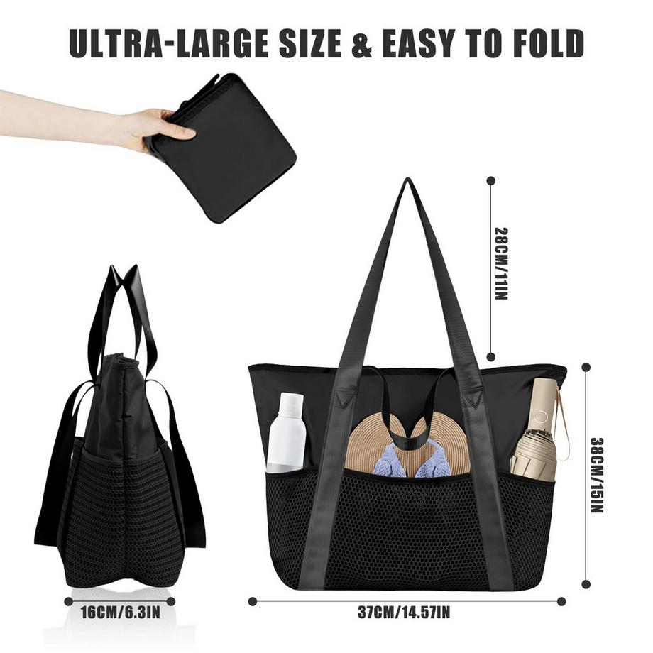 Only-bags.store Wasserdichte Strandtasche mit Netz Taschen und Reissverschluss  
