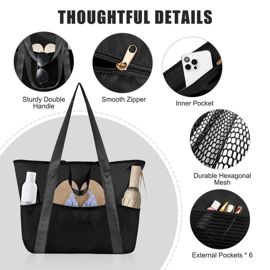 Only-bags.store Wasserdichte Strandtasche mit Netz Taschen und Reissverschluss  