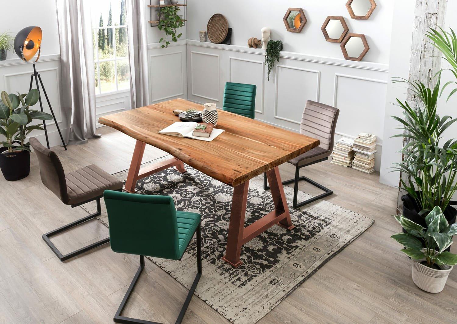 mutoni Table 180x100 cm - acacia naturel - métal brun antique - avec bordure d'arbre  