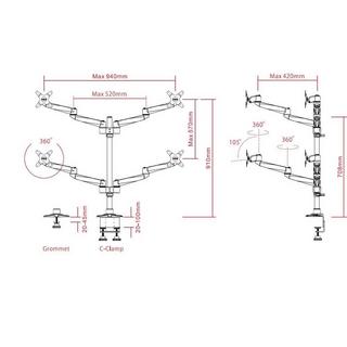 SpeaKa Professional  Swivel 4 fach 4 vie Supporto da tavolo per monitor 25,4 cm (10) - 68,6 cm (27) Argento/ 