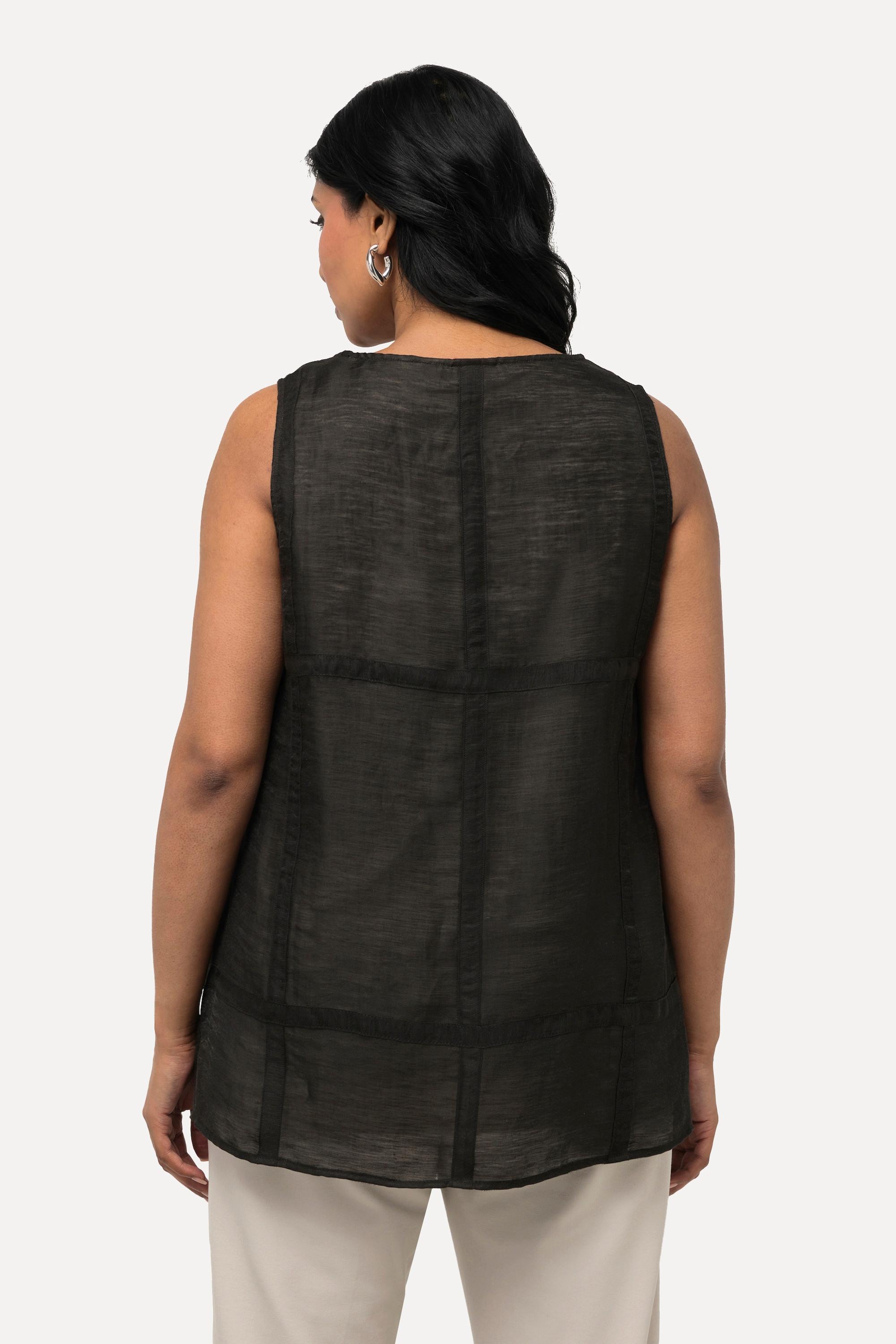 Ulla Popken Top Misto Lino Quadri Trapuntati Scollo Rotondo Senza Maniche  