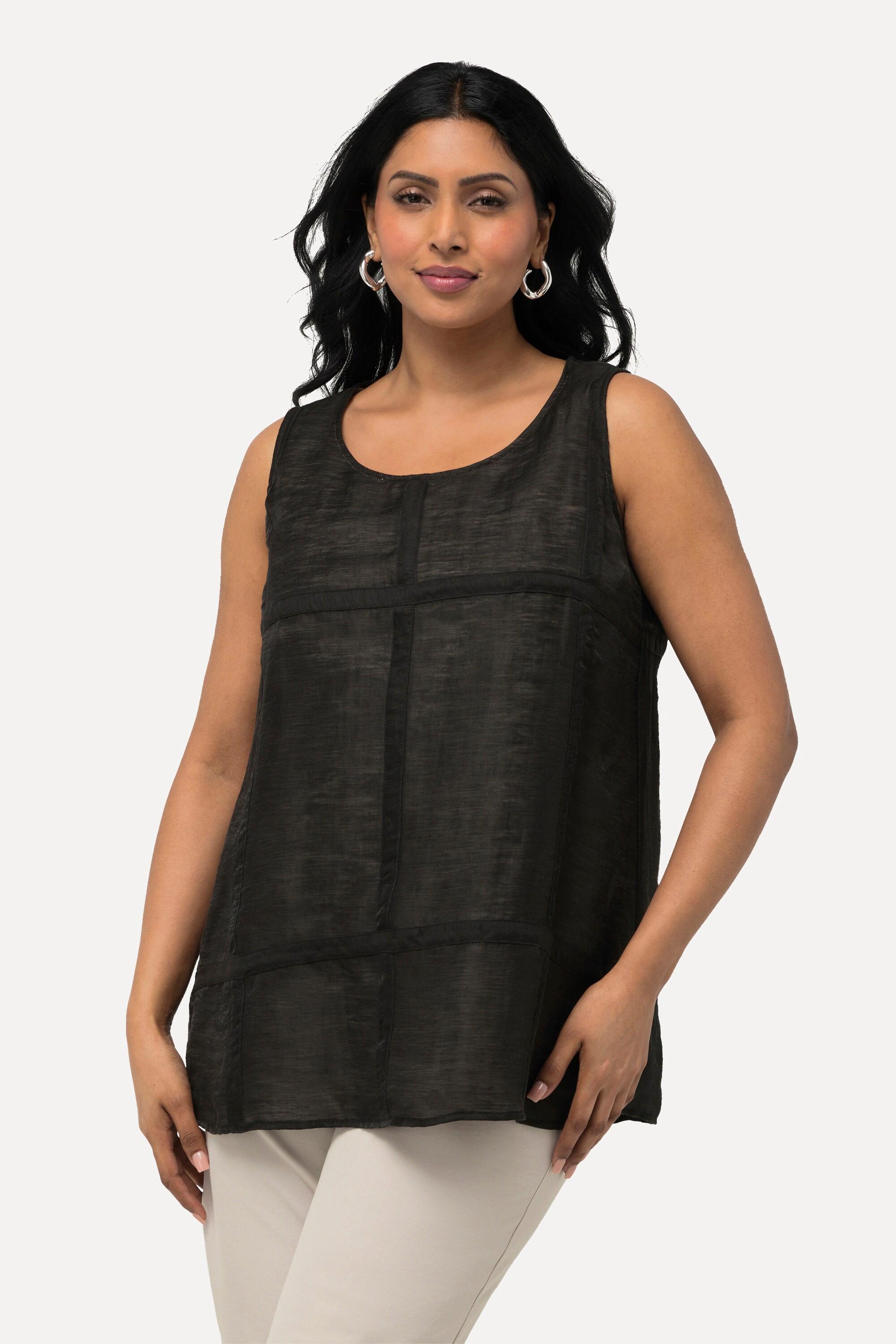 Ulla Popken Top Misto Lino Quadri Trapuntati Scollo Rotondo Senza Maniche  