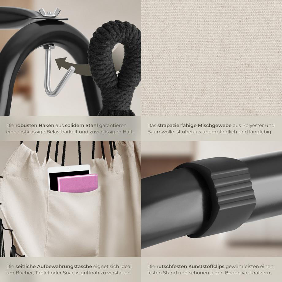 Tectake Hängesessel Alison 3 extra dicke Kissen stabil, bodenschonend, mit Bücherfach  