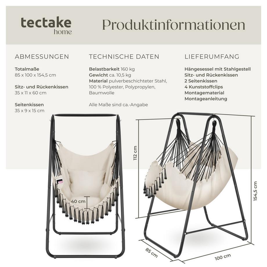 Tectake Hängesessel Alison 3 extra dicke Kissen stabil, bodenschonend, mit Bücherfach  