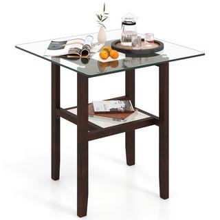 Northix Tavolino laterale in vetro lungo e largo 61 cm, tavolo in vetro a 2 livelli con spazio di archiviazione, marrone  