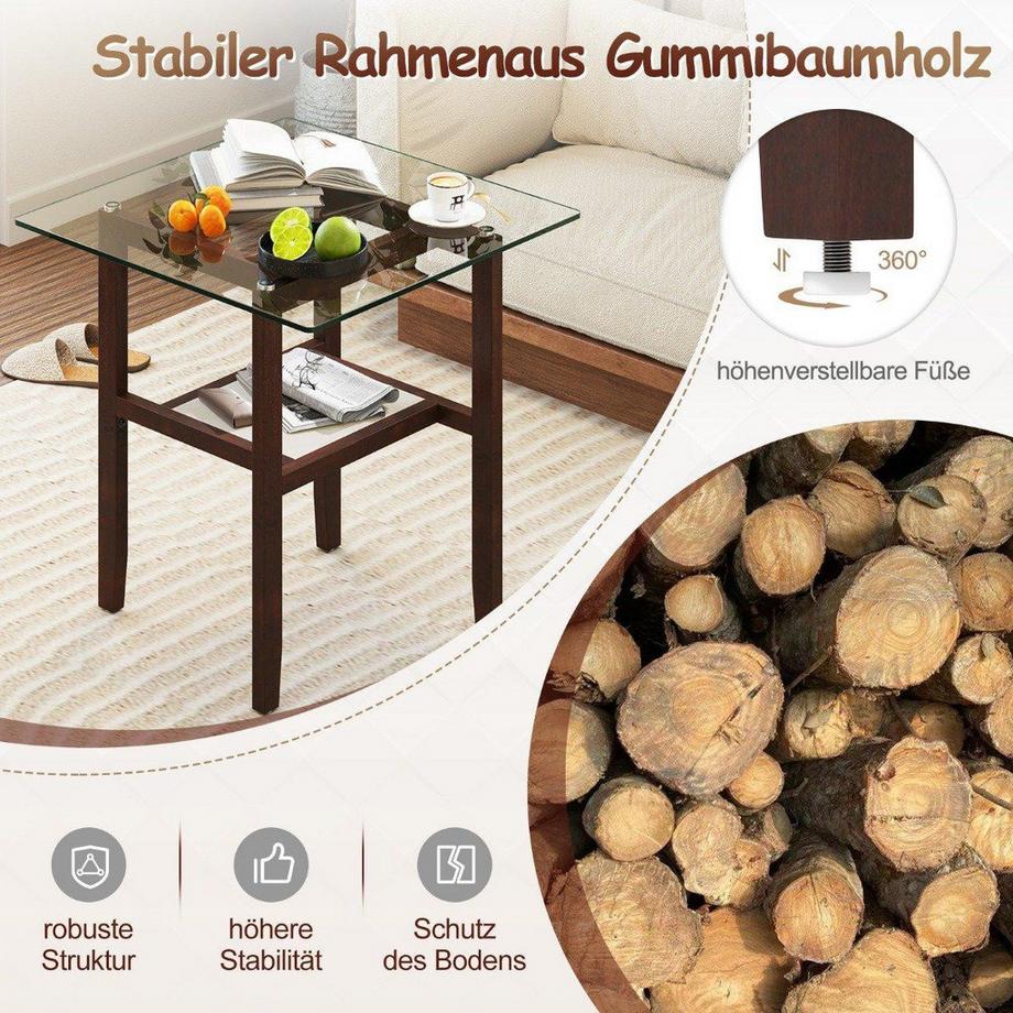 Northix 61 cm langer und breiter Beistelltisch aus Glas 2-stöckiger Glastisch mit Ablagefläche Braun  