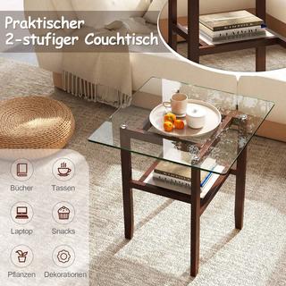 Northix Tavolino laterale in vetro lungo e largo 61 cm, tavolo in vetro a 2 livelli con spazio di archiviazione, marrone  