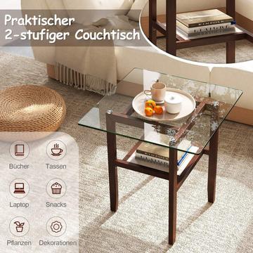 Table d'appoint en verre de 61 cm de long et de large Table en verre à 2 niveaux avec espace de rangement marron