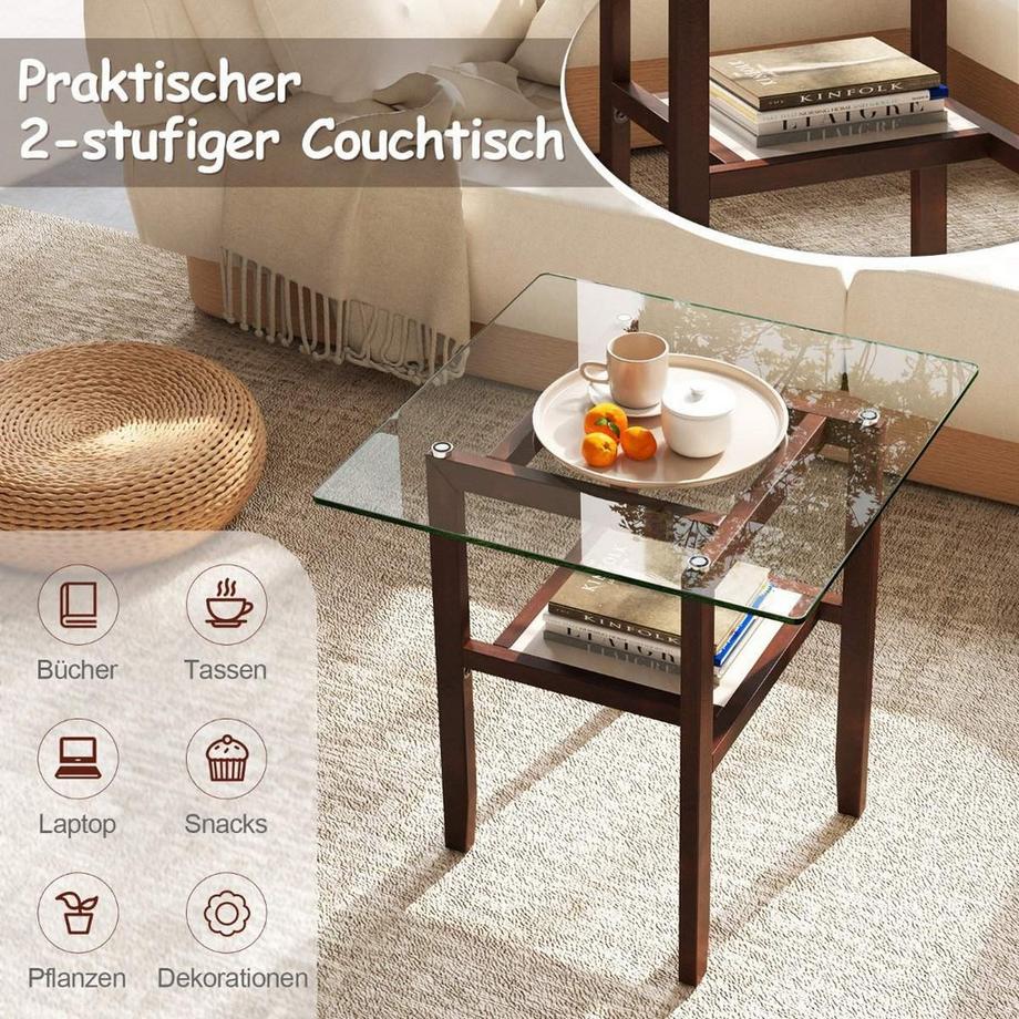 Northix 61 cm langer und breiter Beistelltisch aus Glas 2-stöckiger Glastisch mit Ablagefläche Braun  