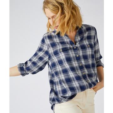 Chemise tunique à carreaux, manches longues à poignet boutonné, coupe ample, pure viscose.