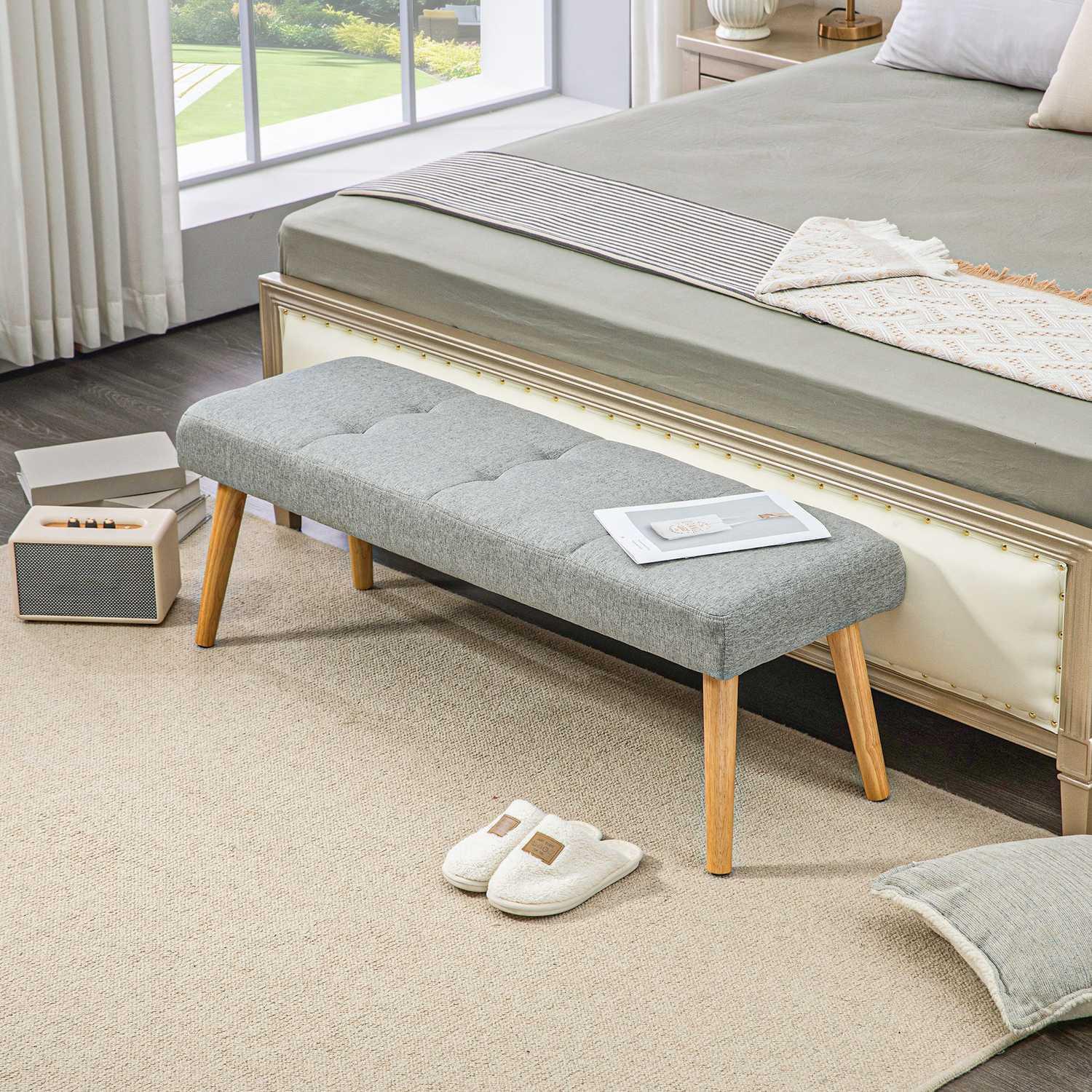 Northio Banc, banc rembourré aspect lin, surpiqûres de boutons, banc de lit avec pieds en bois pour chambre à coucher, salon, couloir, 120 x 41 x 43 cm, gris  