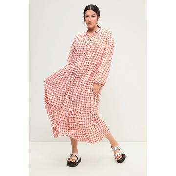 Robe maxi coupe trapèze. Col chemise, manches longues et imprimé cravates