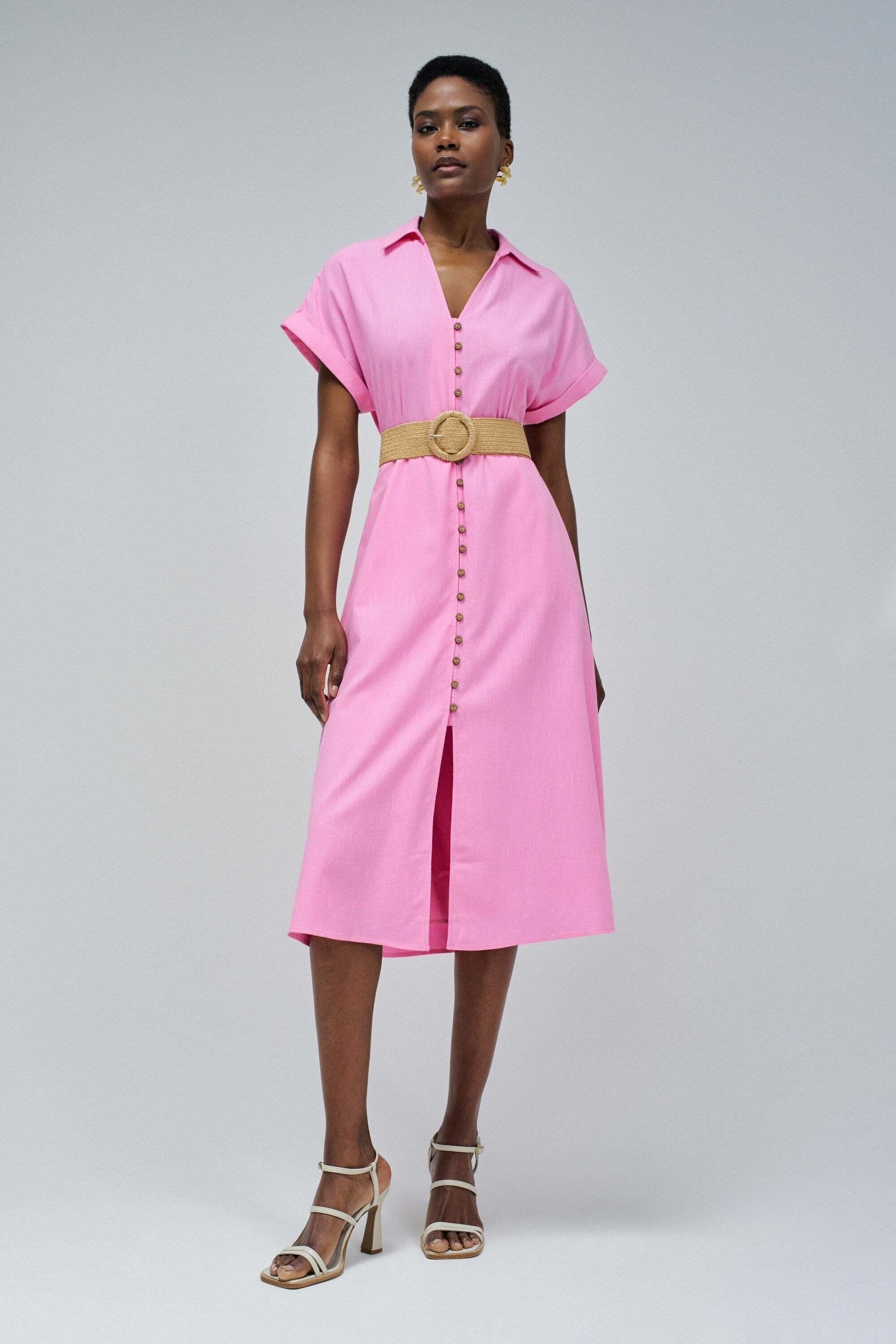 Salsa Robe chemise midi en lin avec ceinture boutonnée devant  