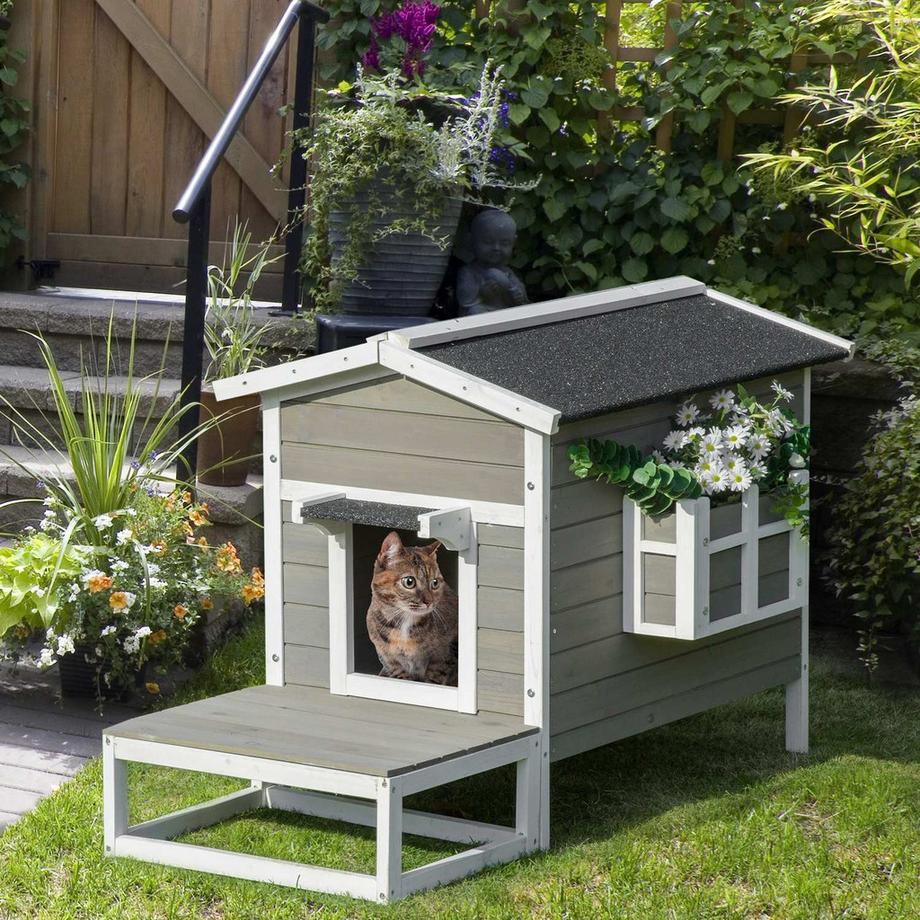 Northio  Niche Pour Chat Cabane Pour Chat Grotte Pour Chat Niche Pour Petits Animaux Avec Terrasse Et Balcon Pour Chats Chiens Bois De Sapin Gris + Blanc 115 X 66,5 X 74,7 Cm 