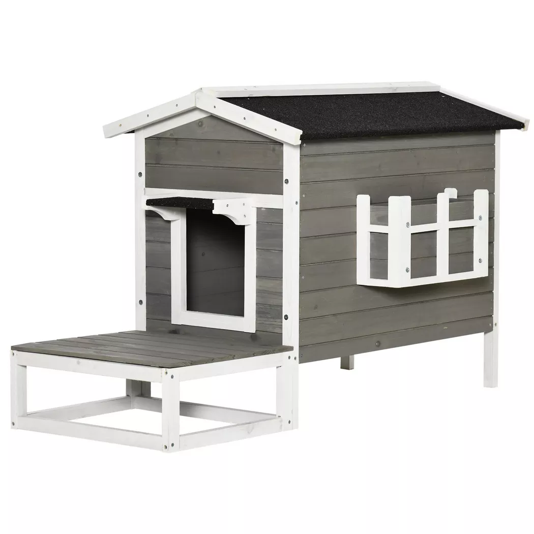 Northio - Katzenhaus Katzenhütte Katzenhöhle Kleintierhaus Mit Terrasse Und Balkon Für Katzen Hunde Tannenholz Grau + Weiß 115 X 66,5 X 74,7 Cm, S