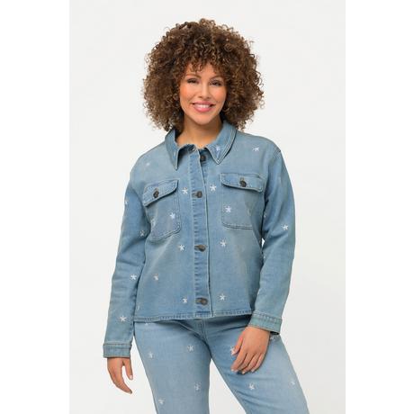 Ulla Popken  Giacca di jeans dal taglio oversize con colletto da camicia e ricami floreali 