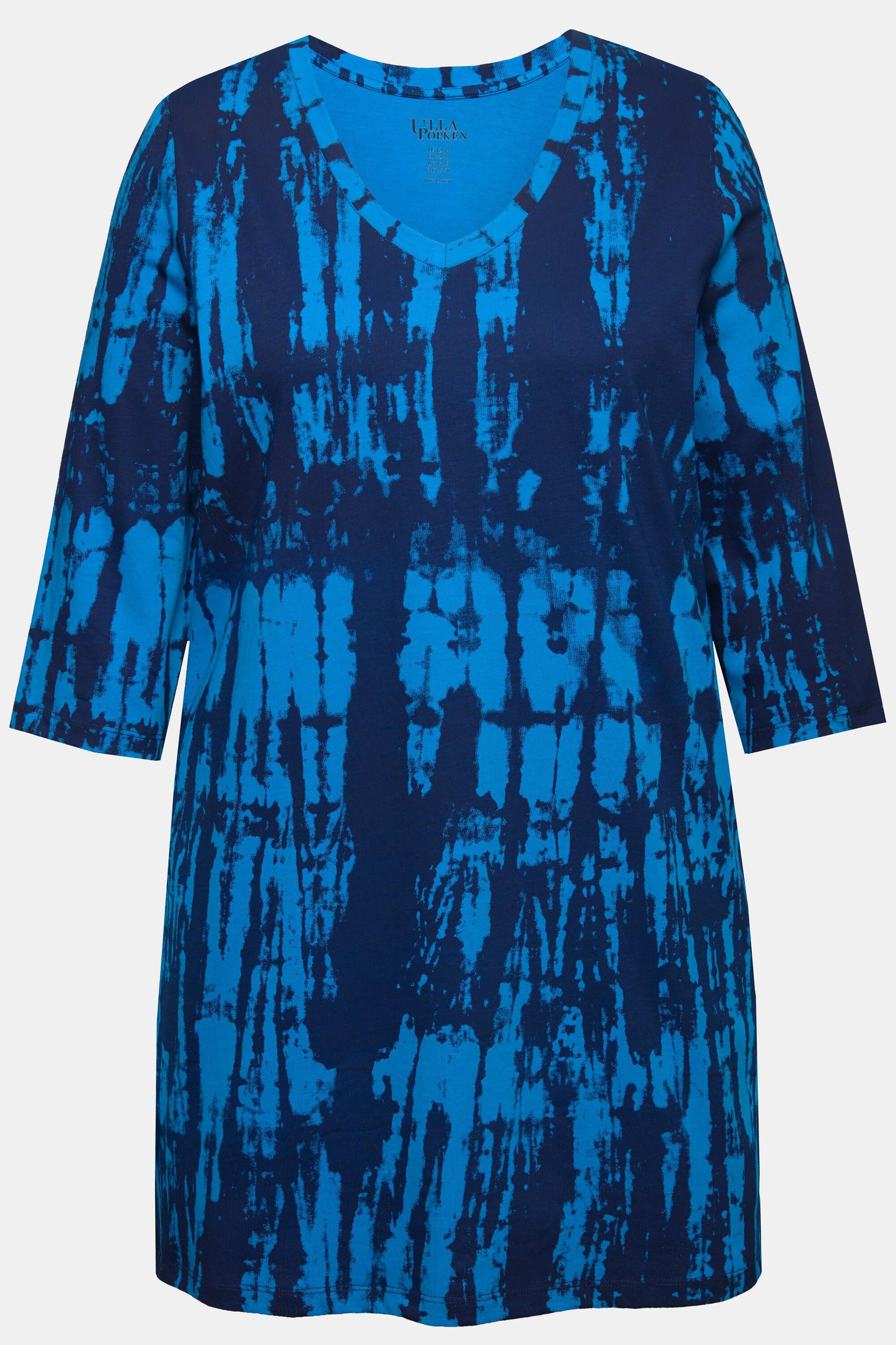 Ulla Popken  T-shirt long, col en V et manches 3/4. Ligne en A et motif batik. 