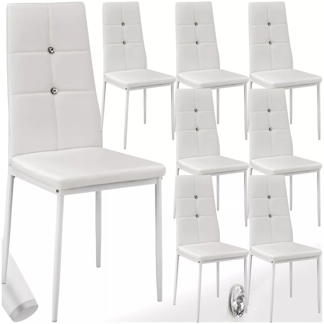 Tectake - Lot de 8 chaises avec strass avec revêtement en cuir synthétique blanc