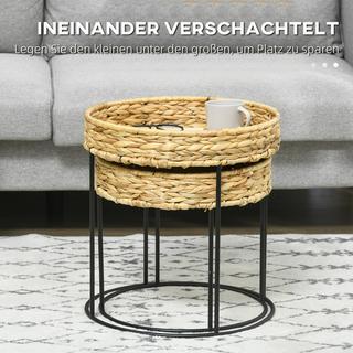 Northio 2er-Set Couchtisch, Beistelltisch, Kaffeetisch im Boho-Stil, Satztisch aus Wasserhyazinthe, Sofatisch für Wohnzimmer, Stahl, Natur  