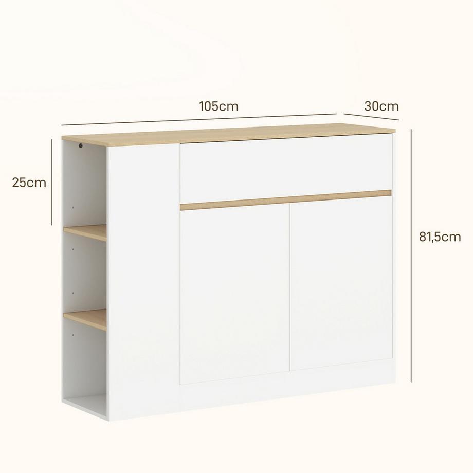 Northio  Buffet, meuble de cuisine avec tiroir, étagère réglable, meuble de rangement avec protection anti-basculement, meuble d'appoint pour cuisine, salle à manger, 105 x 30 x 81,5 cm blanc 