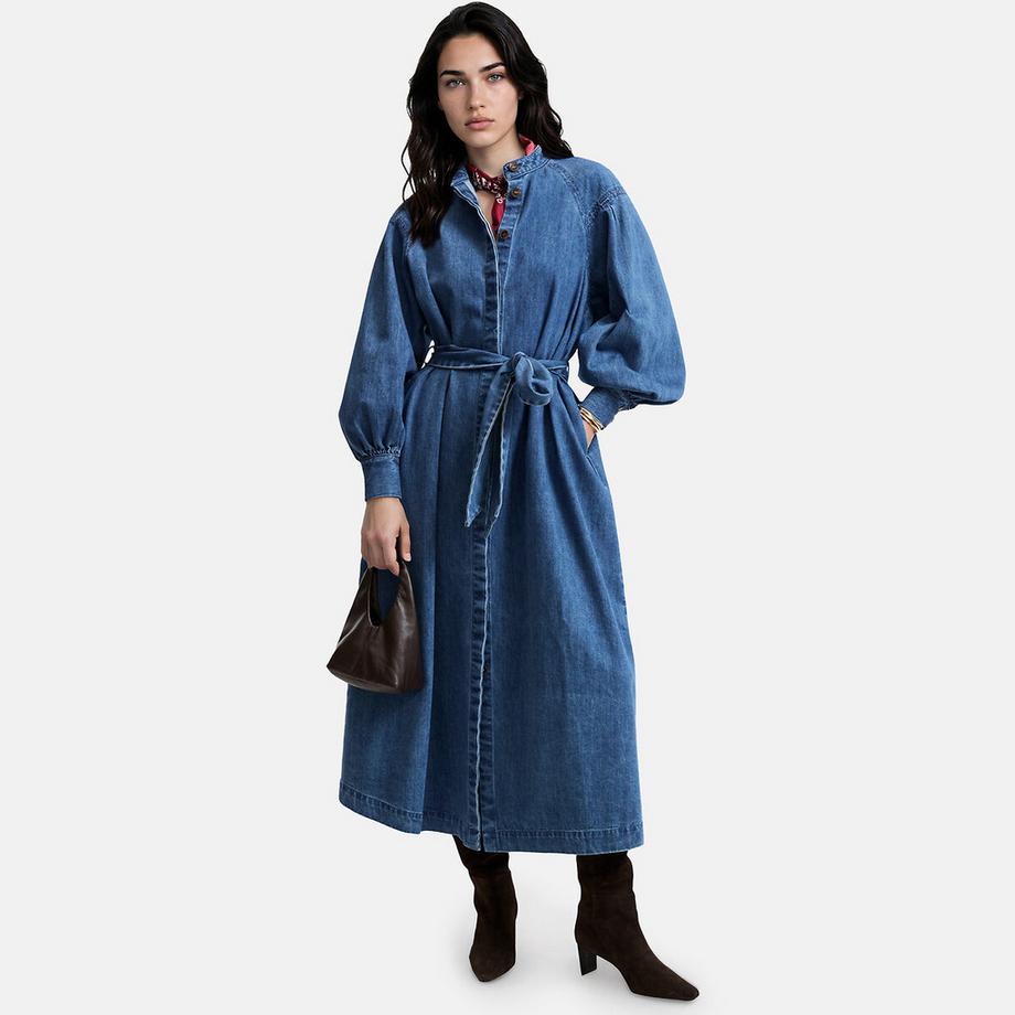 Robe longue en jean à manches longues avec ceinture à nouer