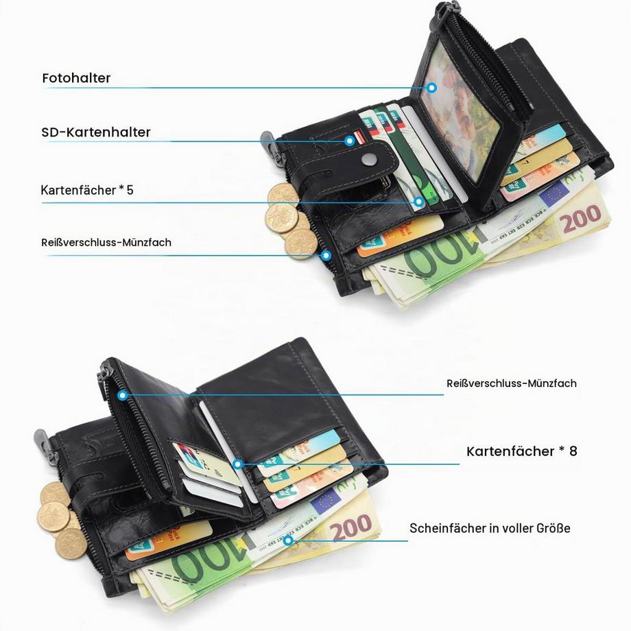 Only-bags.store Portefeuille en Cuir avec Protection RFID Portefeuille Fin avec Chaîne Petit Portefeuille en Cuir Véritable 15 emplacements pour cartes et Poche à Monnaie Zippée  