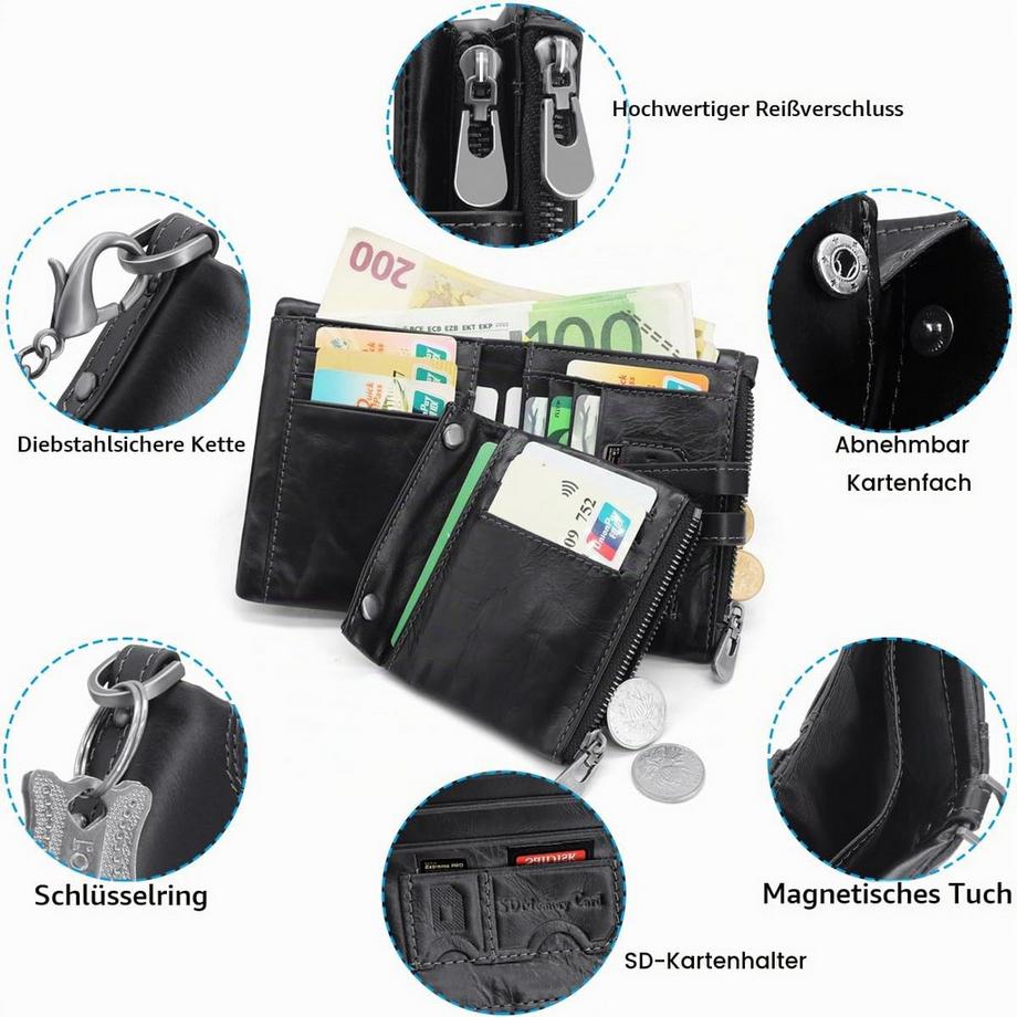 Only-bags.store Portefeuille en Cuir avec Protection RFID Portefeuille Fin avec Chaîne Petit Portefeuille en Cuir Véritable 15 emplacements pour cartes et Poche à Monnaie Zippée  