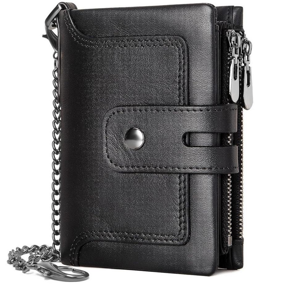 Portefeuille en Cuir avec Protection RFID Portefeuille Fin avec Chaîne Petit Portefeuille en Cuir Véritable 15 emplacements pour cartes et Poche à Monnaie Zippée