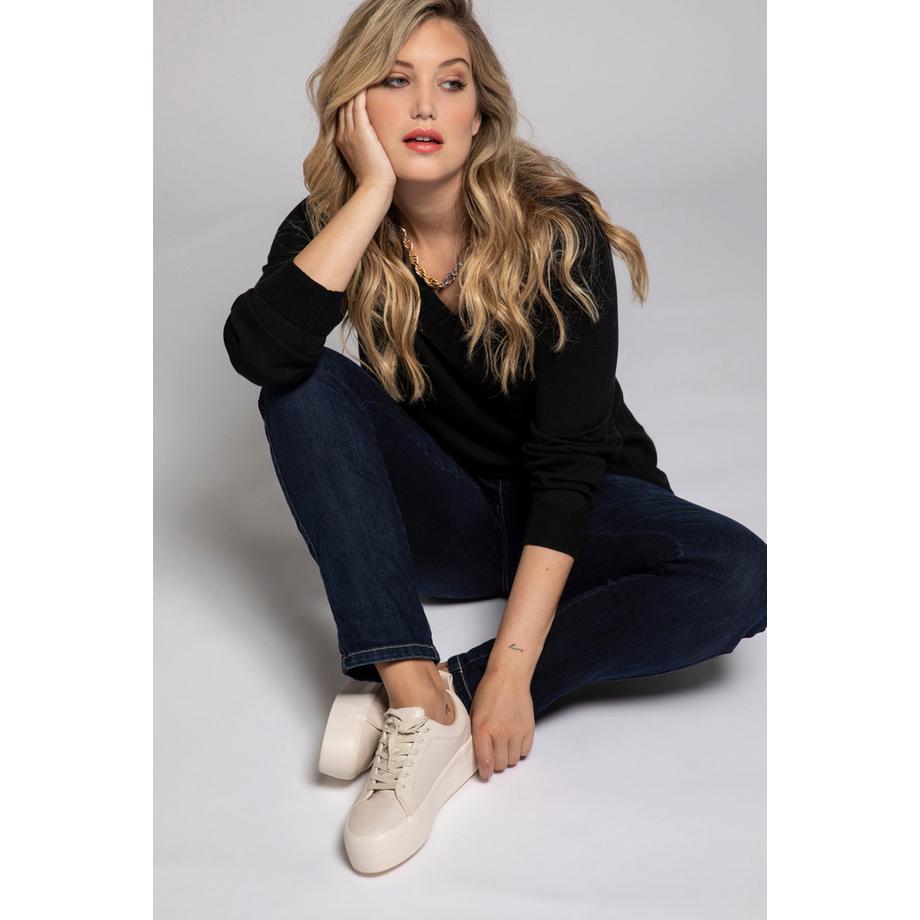 Ulla Popken Maglione Scollo V Maniche Lunghe Maglia Fine Morbida  