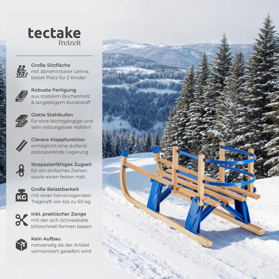 Tectake  Holzschlitten Vivian klappbar, mit Rückenlehne aus Buchenholz und Kunststoff 