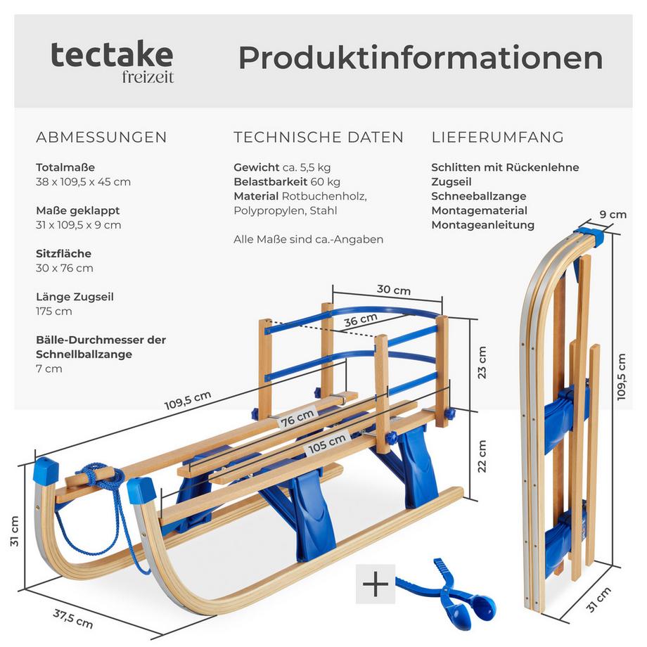 Tectake  Holzschlitten Vivian klappbar, mit Rückenlehne aus Buchenholz und Kunststoff 