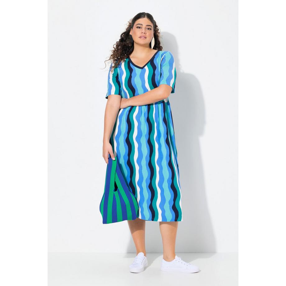 Ulla Popken Abito Midi Motivo Onde Linea ad A Mezza Manica  