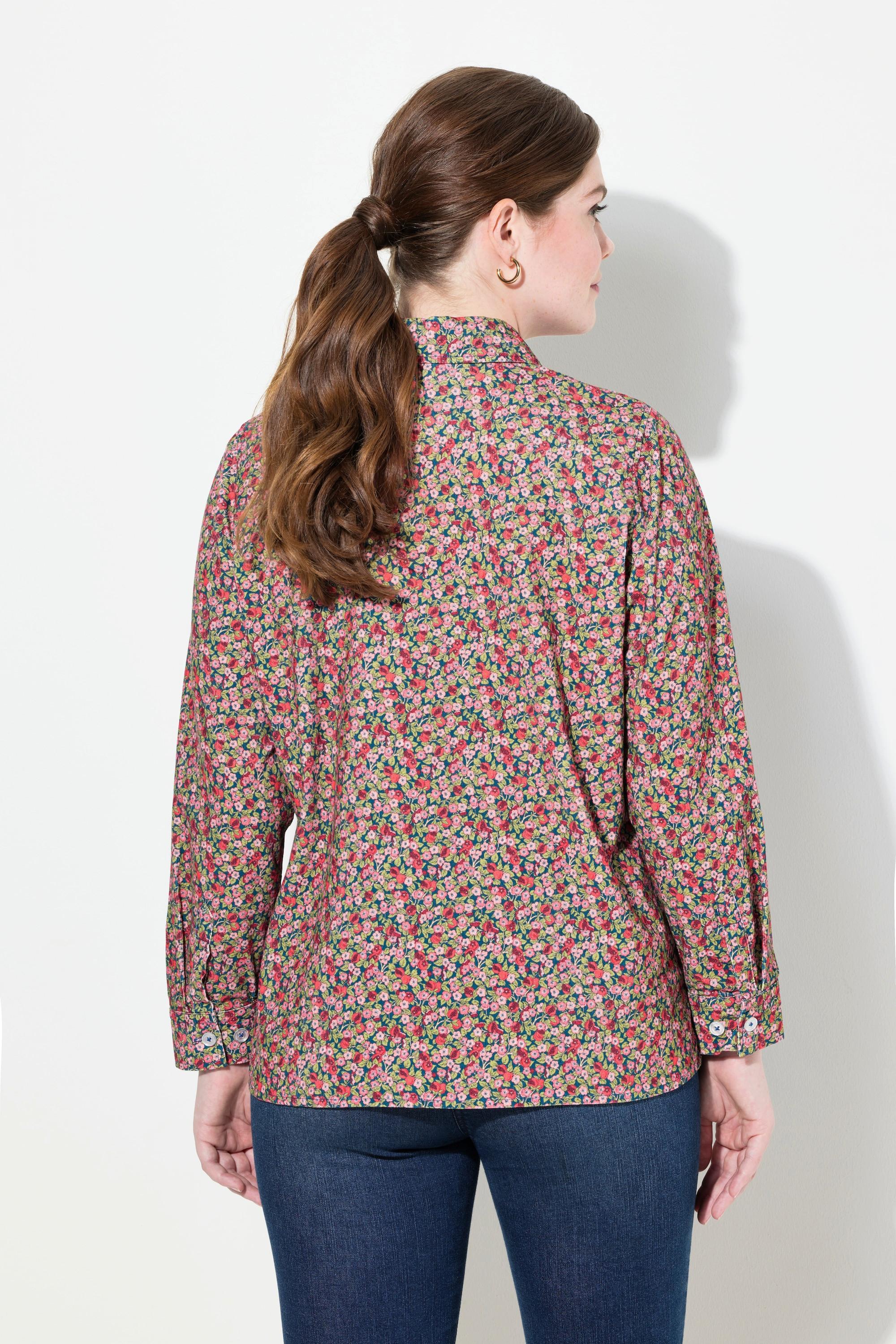 Ulla Popken  Blusa in velluto a coste con stampa florale, colletto da camicia e maniche lunghe 